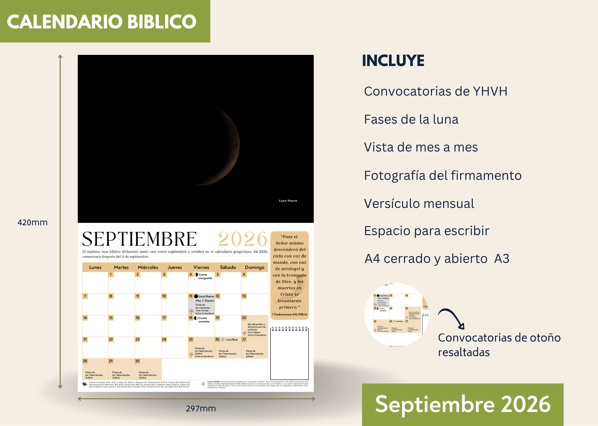 Rakiah Calendario Biblico fotográfico de pared Marzo 2026 a Febrero 2027 - Incluye las fiestas del Señor y fases lunares.