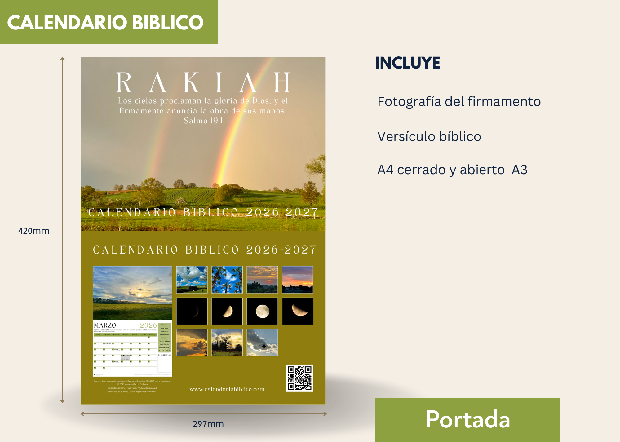 Rakiah Calendario Biblico fotográfico de pared Marzo 2026 a Febrero 2027 - Incluye las fiestas del Señor y fases lunares.