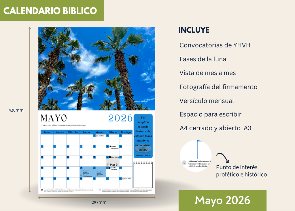 Rakiah Calendario Biblico fotográfico de pared Marzo 2026 a Febrero 2027 - Incluye las fiestas del Señor y fases lunares.