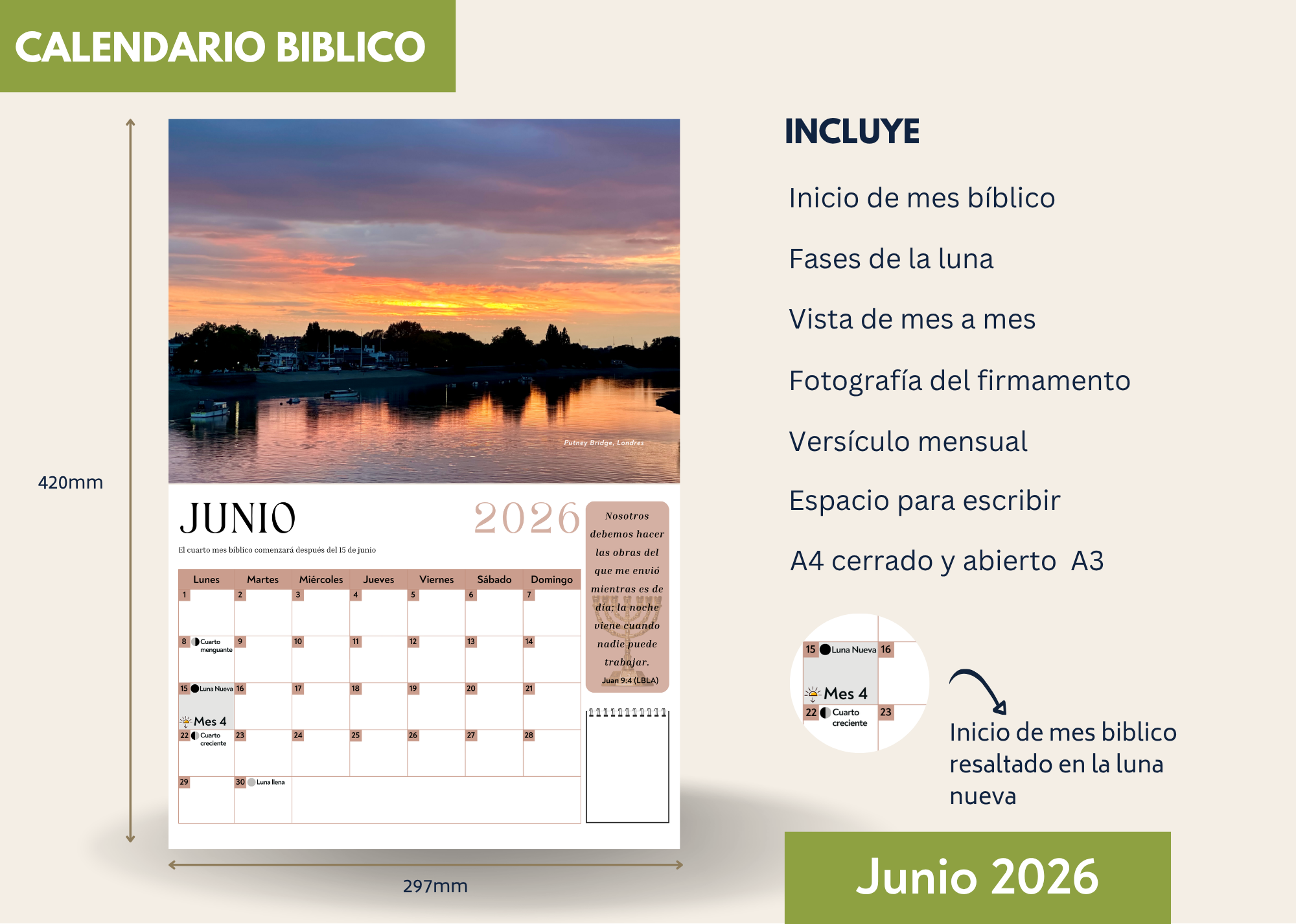 Rakiah Calendario Biblico fotográfico de pared Marzo 2026 a Febrero 2027 - Incluye las fiestas del Señor y fases lunares.