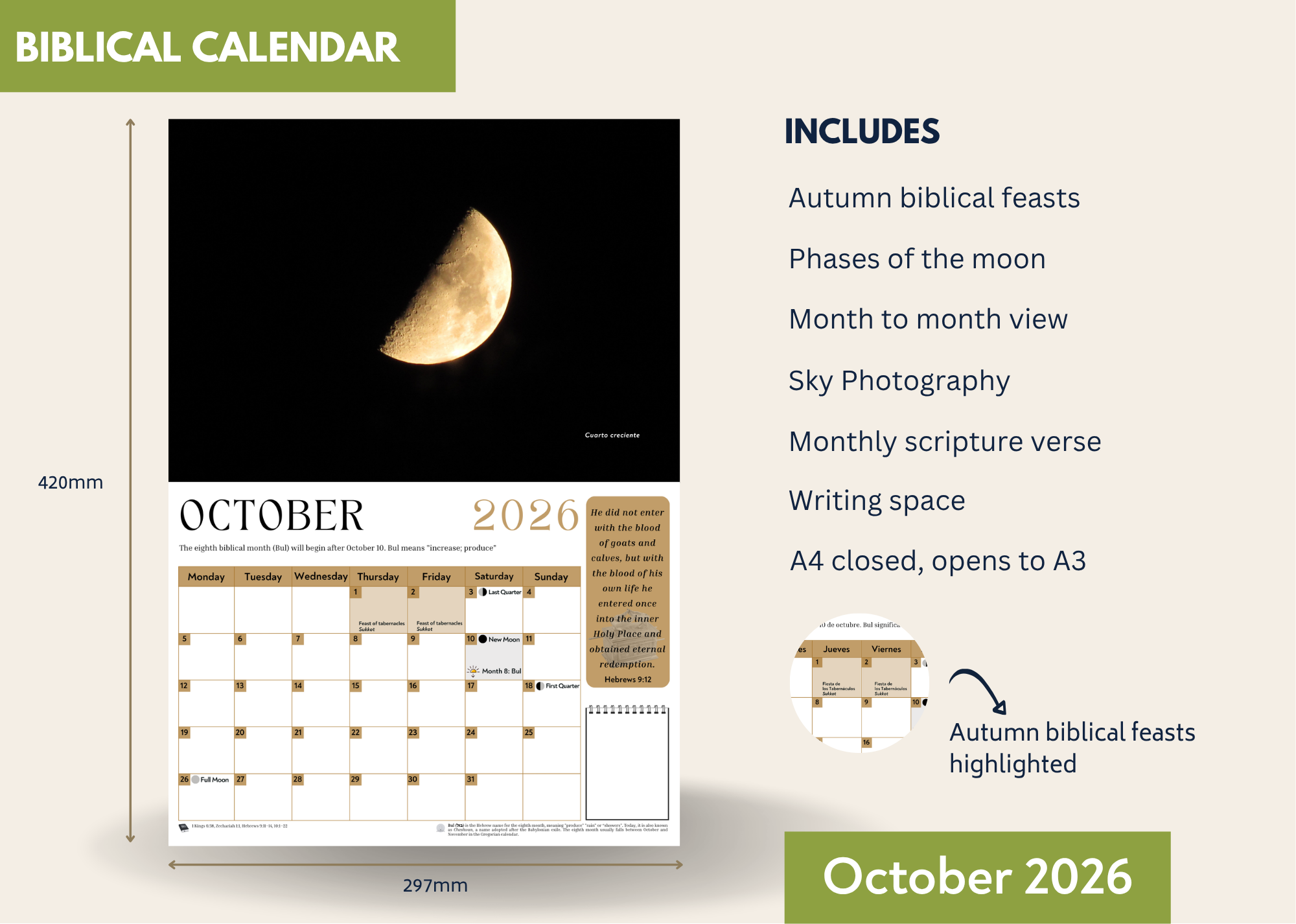 Rakiah Biblical Wall Calendar 2026–2027, The feasts of the LORD, Inspirational Photography & Monthly Scripture Verses